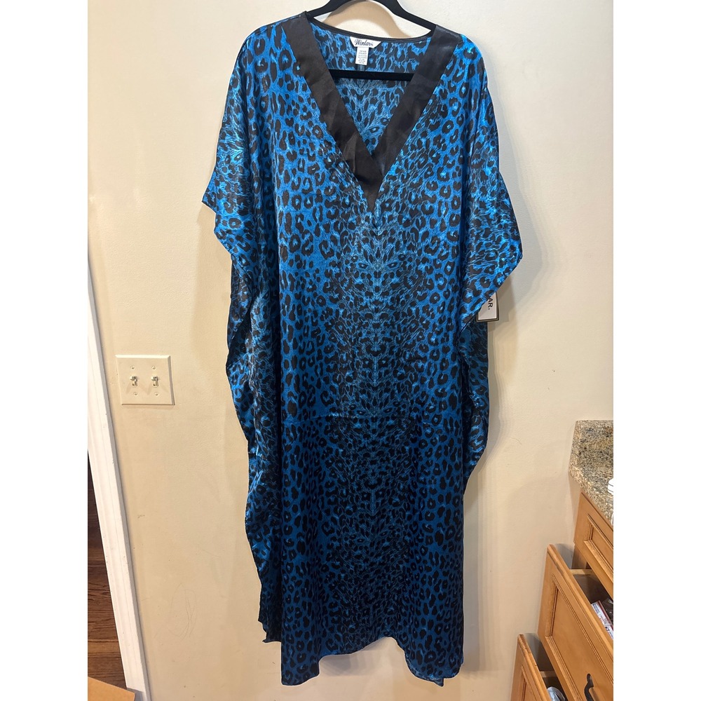 NWT Winlar Blue Black Leopard Satin Caftan Maxi Lounger Robe V-Neck One Size